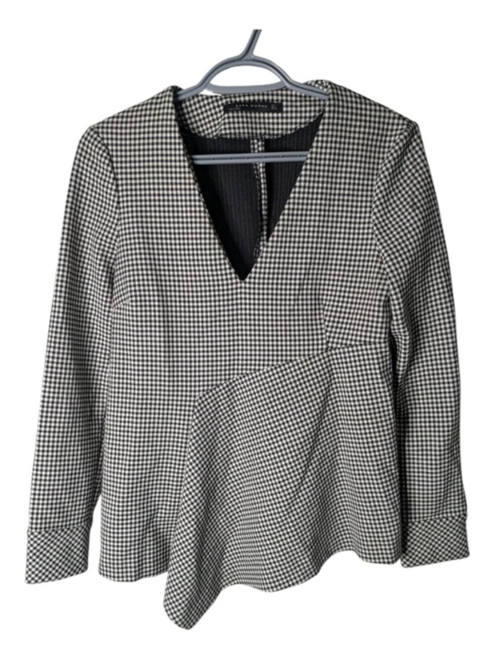 Zara Black White Gingham V-Neck Peplum Asymmetric Long Sleeve Top S